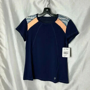 SOFIBELLA women blue activewear top, UV, mesh. Fitted ,crew neck ,  cap sleeves